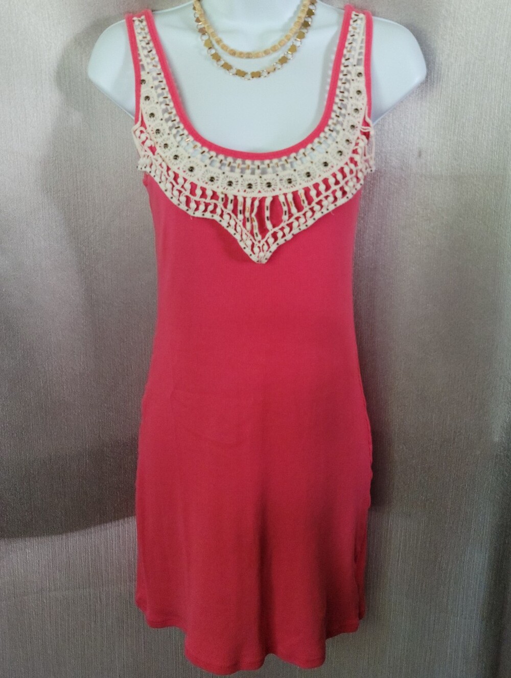 Crochet Accent Pink Tank Dress